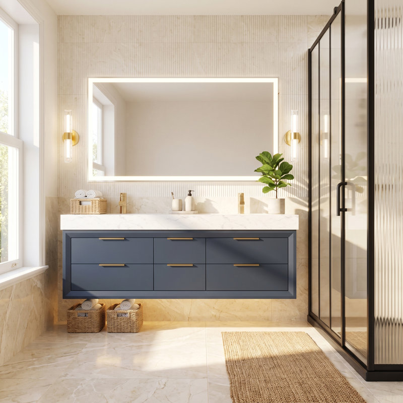 Meuble-lavabo suspendu de 152,4 cm (L) x 52,6 cm (P) avec comptoir imitation marbre, éclairage DEL intégré, 6 tiroirs à fermeture amortie, bleu