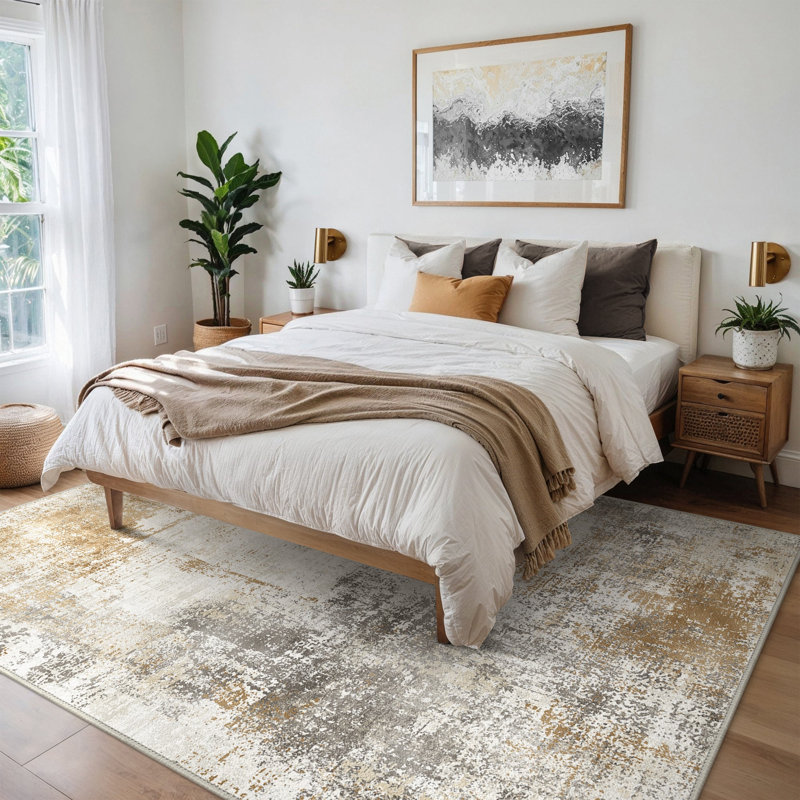 Abstract Machine Printed Area Rug, Gold/Grey/Ivory, Rectangle 120 x 170 cm