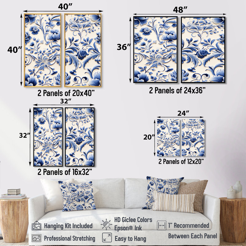 Cobalt Blue Renaissance Flourish Victorian Motif - Art mural bleu 2 pièces, 40" H x 40" W, Impression encadrée flottante