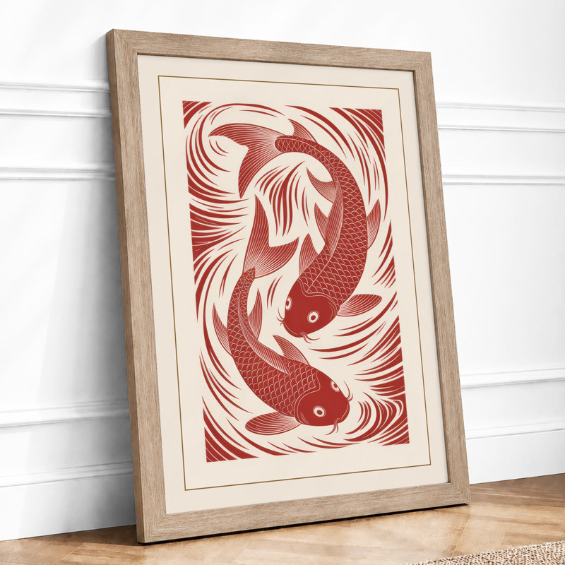 Intertwined Koi Japandi - Framed Print, A1 - 84.1 x 59.4 cm, Oak