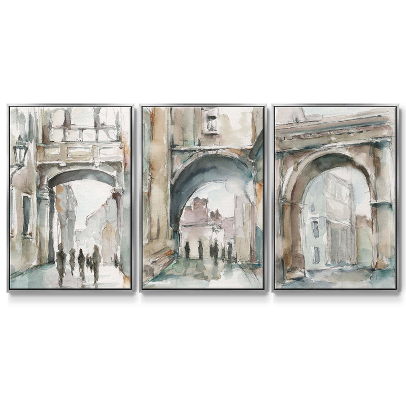 Watercolor Archures I, ensemble de 3 pièces encadrées sur toile, H 36 po x l 72 po, Argent
