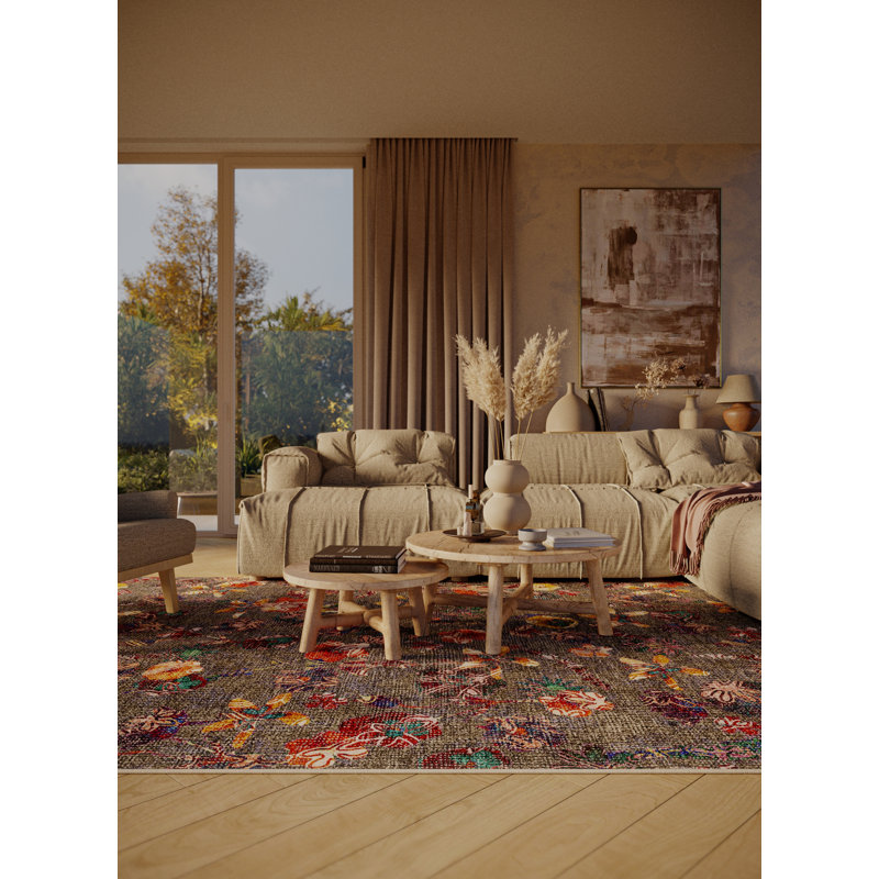 Fiorangela Washable Floral Indoor Rug, Round 7'
