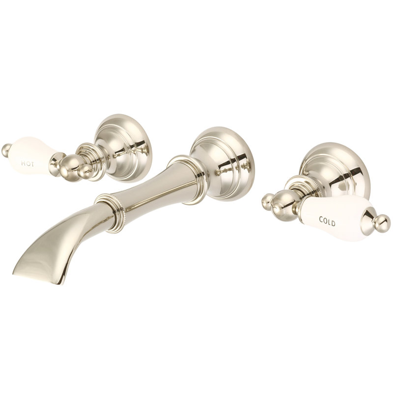 Robinet pour salle de bain mural cascade, Nickel brossé, Levier en porcelaine avec écriteaux