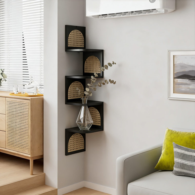 Tablettes d'angle flottantes, tablette murale à 4 niveaux en zigzag avec bois de pin massif et rotin, rangement peu encombrant pour le salon, la cuisine, la chambre à coucher et la salle de bain