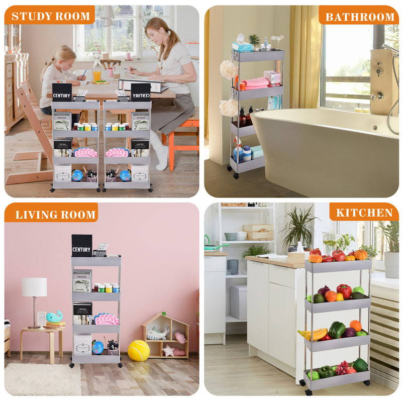4-Tier Slim Storage Cart Mobile Shelving Unit Rolling Cart with Handle, Grey