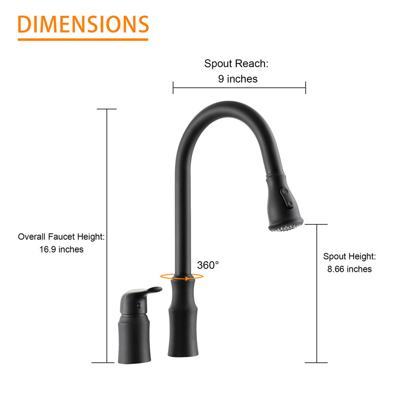 Robinet de cuisine simple noir mat avec poignée séparée, bec flexible rétractable rotatif à 360 °, matériau en laiton massif, modes de pulvérisation double pour diverses tâches, finition facile à entretenir, 16,9 pouces au total