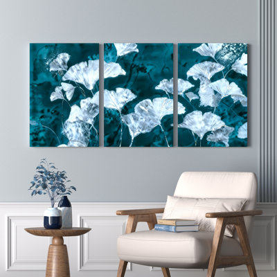 Ensemble de 3 tableaux abstraits floraux turquoise et blancs sur toile tendue, pour la décoration du salon et de la chambre.