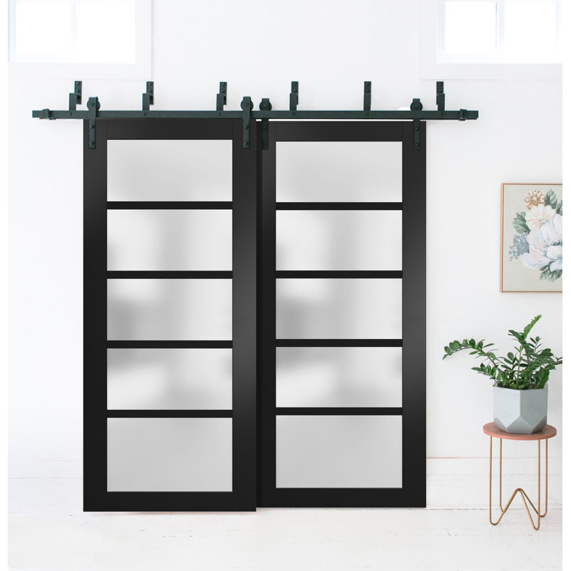 Matte Black Solid Core Frosted Glass Barn Bypass Doors 64 x 80 Inches
