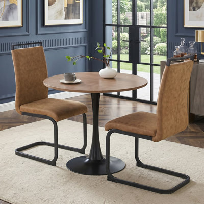 32" Round Dining Table Set For 2, Kitchen Dining Table With Pedestal Sturdy Tulip Base With 2 Technical Fabric Chairs, Ideal For Small Space, Space Saving