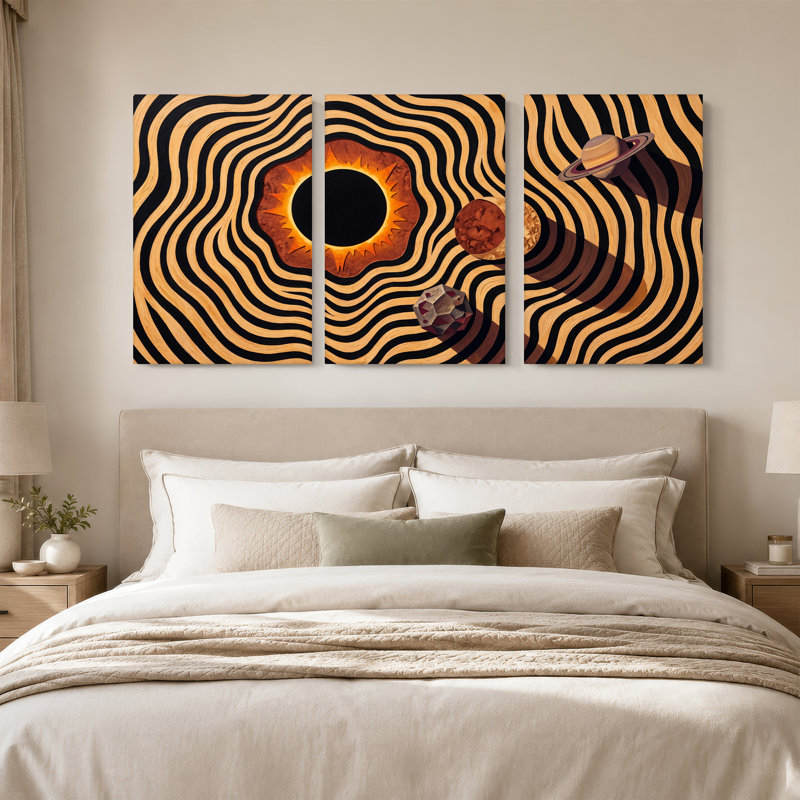 Ensemble de 3 toiles murales noires et orange avec planètes sur rayures ondulées, H 18 po x l 12 po x 3 pièces