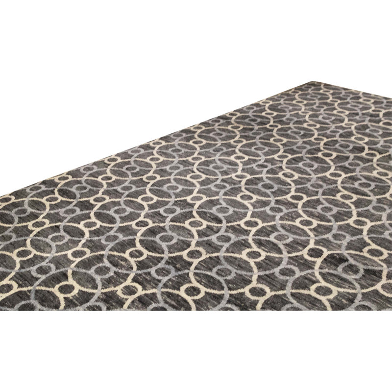 Tapis noir / ivoire noué à la main de conception unique 10 pi x 13 pi 9 po One-of-a-Kind