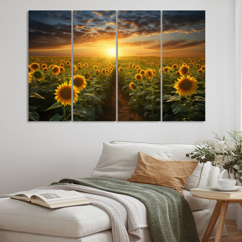 Tournesol doré panoramique - ensemble d'art mural en métal tournesols