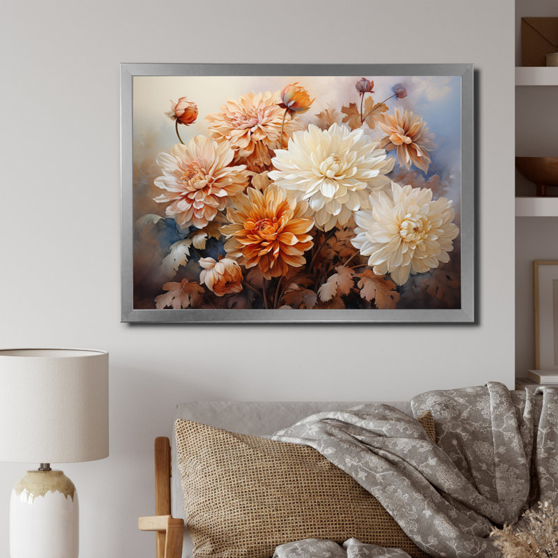 " Peach White Charming Chrysanthemums ", Silver Picture Framed, 30" H x 40" W x 1.5" D