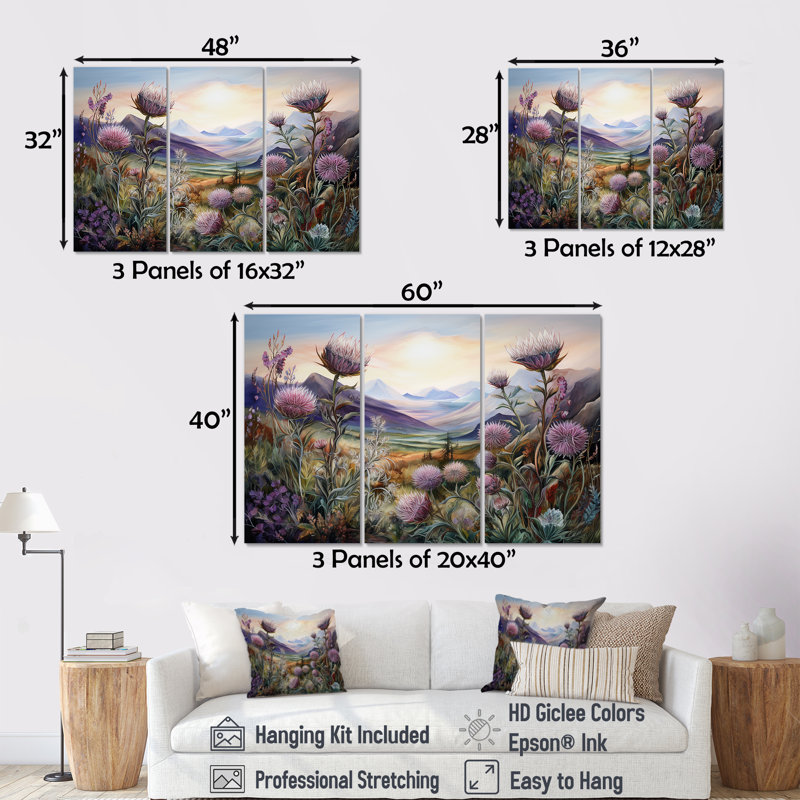 Purple Thistle Field Mountain Charm - Thistle Wall Art Living Room Set, Toile tendue, H 28 po x l 36 po x P 1 po