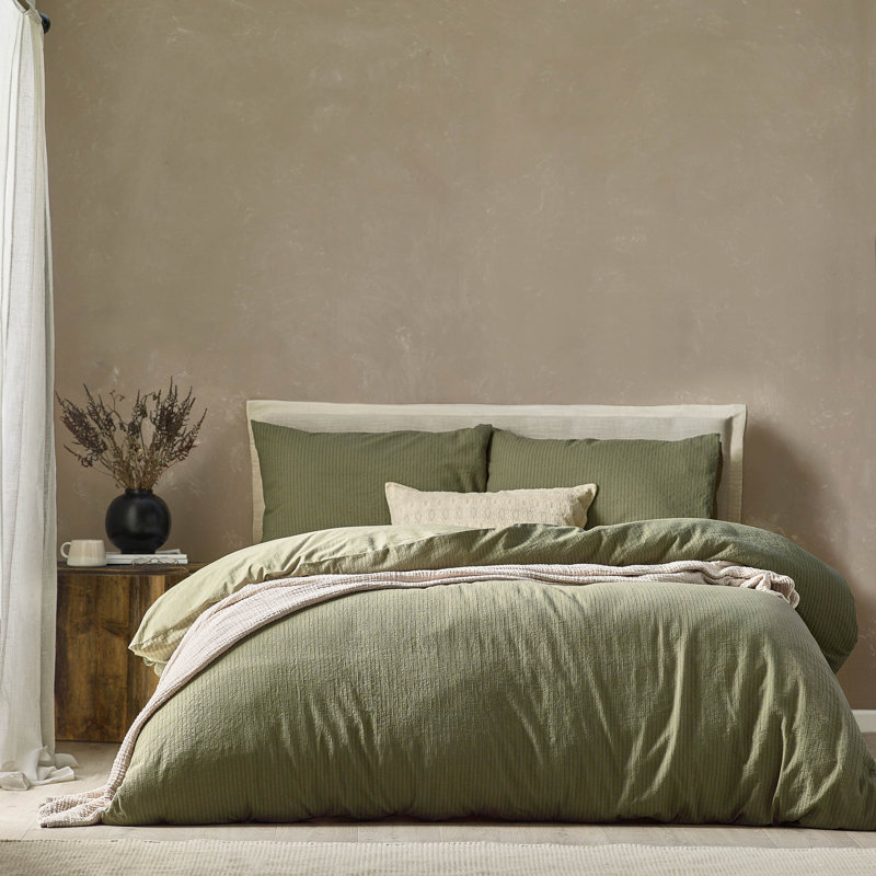 Malton Stripe Cotton Striped Duvet Cover Set with Pillowcases Included, Double Duvet Cover + 2 Standard Pillowcases, Green