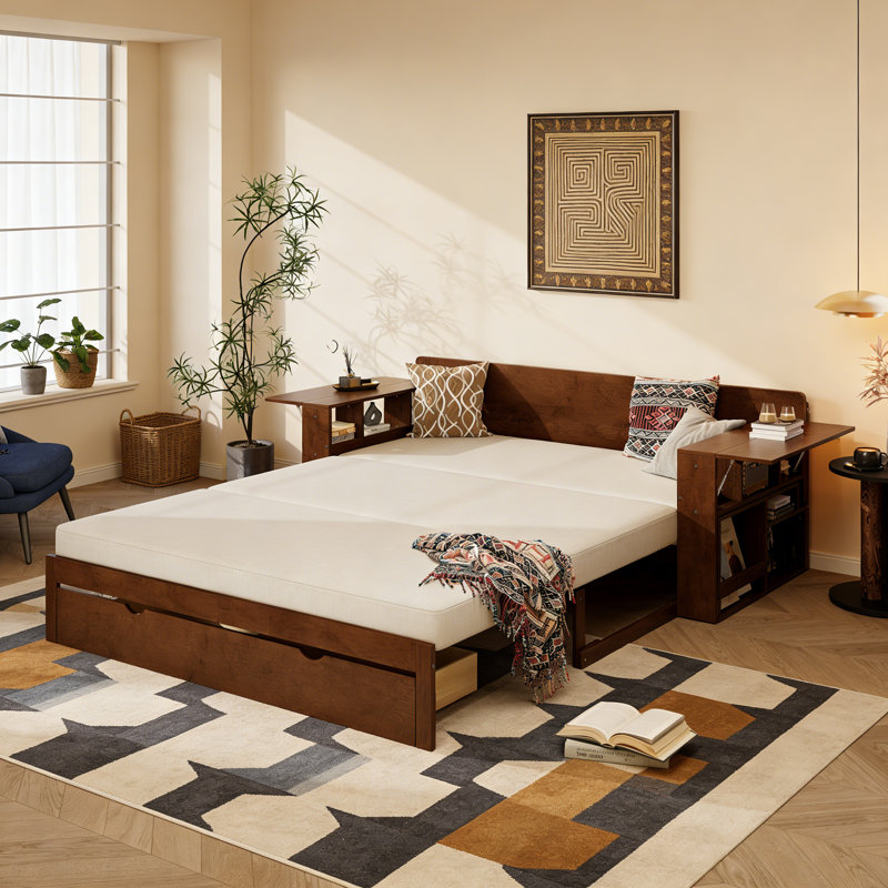 Multifunctional Daybed with Removable Desk, Storage Drawers & Hydraulic Side Table, Space-Saving Sofa Bed Frame, Full