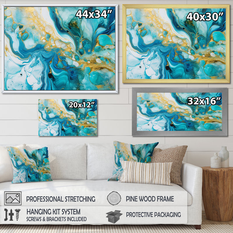 Turquoise de luxe abstrait, art fluide, impression sur toile abstraite, Cadre flottant noir, H 34 po x l 44 po x P 1,5 po