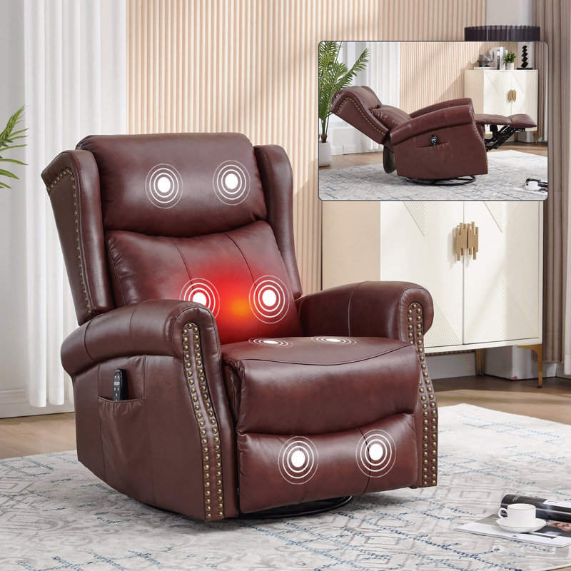 Fauteuil inclinable de massage manuel rouge en cuir véritable - Chaise berçante, pivotante, chauffante, de salon