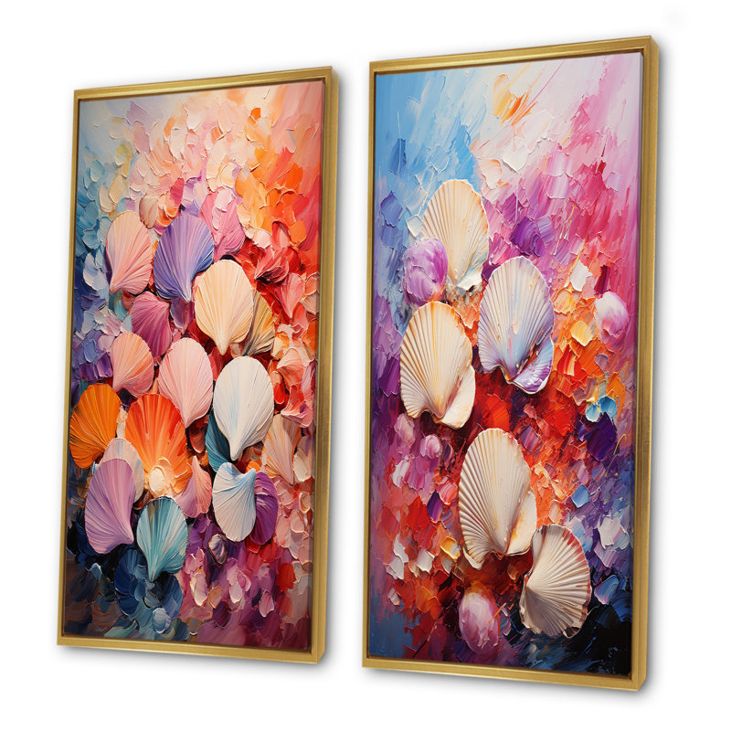 «Seashells Wonders On The Coast - Seashell», ensemble de 2 reproductions d'art sur toile, H 40 po x l 41 po, Encadrement doré