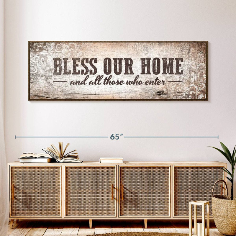 Plaque murale «Bless Our Home», 57 po x 19 po, Cadre flottant noyer