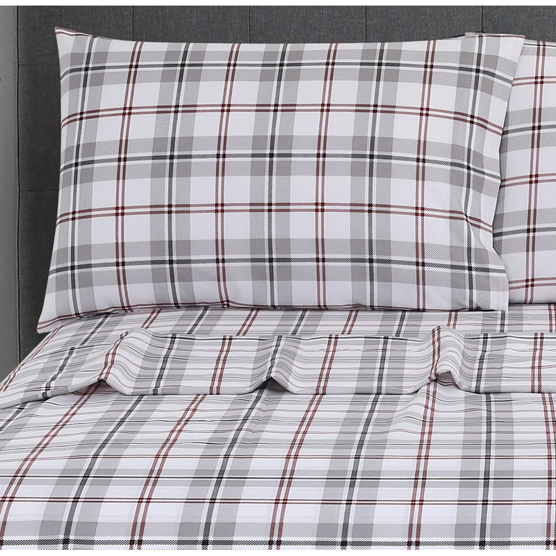 4 Piece Ultra Soft Printed Microfibre Sheet Set, King Sheet Set with 2 Pillowcases, Gray Plaid