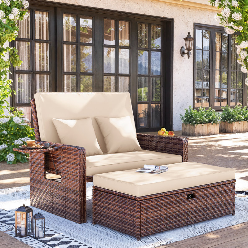 68" Wicker Outdoor Daybed Adjustable Loveseat With Storage Ottomans And Cushions,  Beige Cushion/Brown Frame    