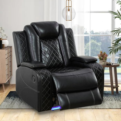 Fauteuil inclinable électrique en cuir, ensembles de meubles de salon, fauteuil inclinable en cuir respirant, fauteuil inclinable noir simple avec accoudoir rembourré / port de charge / DEL pour cinéma maison / bureau, noir