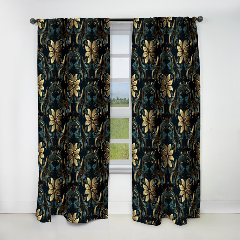 Or et bleu Luxury Damask Symphony I - Rideau damassé - Rideau occultant damassé - 1 panneaux, L 52 po x L 90 po