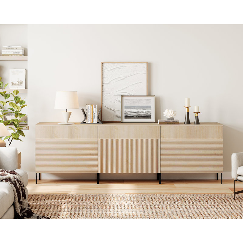 94.5" Reeded Accent Chest Set With Doors And Drawers, Modern Credenza Storage Cabinet With Metal Legs For Living Room, Kitchen, Dining Room, Hallway