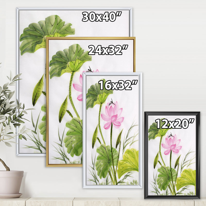 Simple fleur de lotus rétro avec feuilles vertes - reproduction sur toile, H 32 po x l 24 po x P 1 po, Toile avec cadre noir