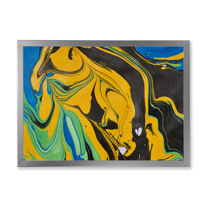 Art en acrylique noir et jaune, H 16 po x l 32 po x P 1 po, Impression argent sur toile encadrée
