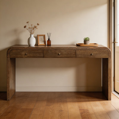 Dark Brown Curved‑Outline Long Console Table with Three Drawers, Entryway Sofa Accent Table with Polished Gold Pull Handles, Storage‑Focused Statement Furniture for Living Room, Hallway and Foyer