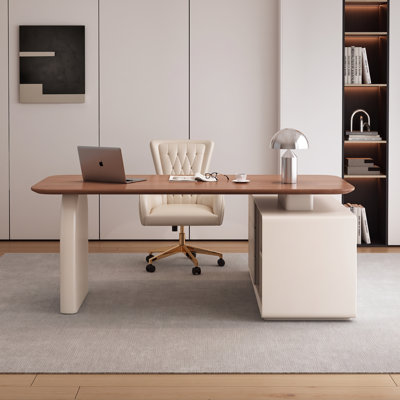 Modern Executive Desk with Storage Cabinet, Wide Wood-Grain Desktop, 3 Drawers & Open Shelves, Rounded Corner Home Office Desk