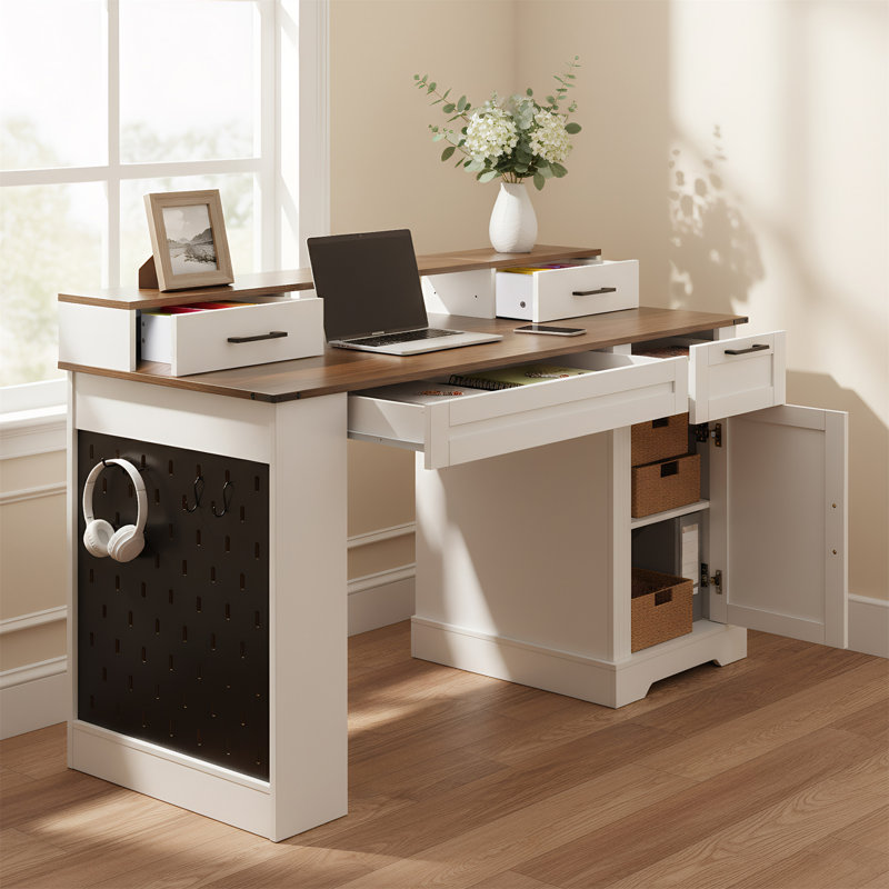 Bureau de ferme 55 "avec armoire de rangement et station de charge (tabourets non inclus), Noyer/blanc