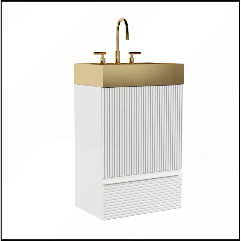 Meuble-lavabo blanc en velours rayé 20 po Gada avec vasque intégrée en métal brossé doré pour salle de bain moderne
