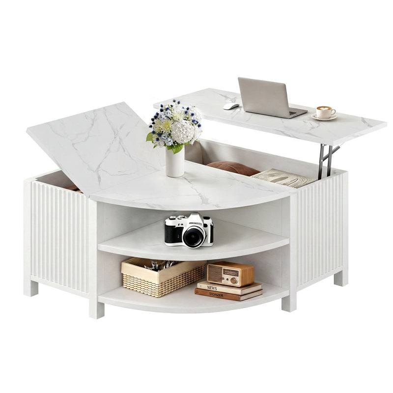 Table basse à plateau relevable cannelé avec rangement et prise de courant 35,4 po Tonicia, Blanc