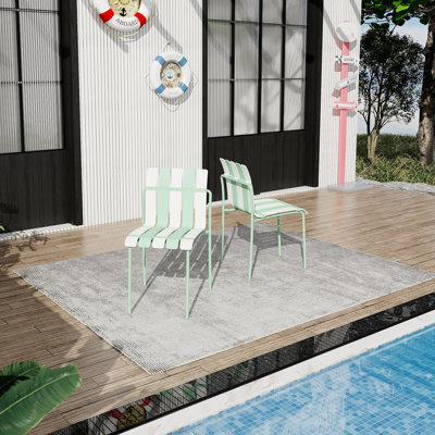 Ensemble de 4 chaises à blocs modernes rayées - Siège imperméable et pieds en métal robustes, ensemble repas intérieur / extérieur pour patio, balcon, café (blanc et vert)
