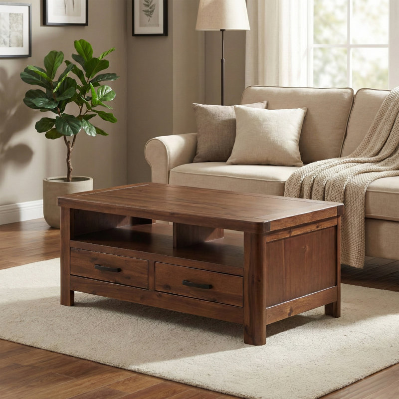 Oruada Acacia Coffee Table with Storage, Dark Brown