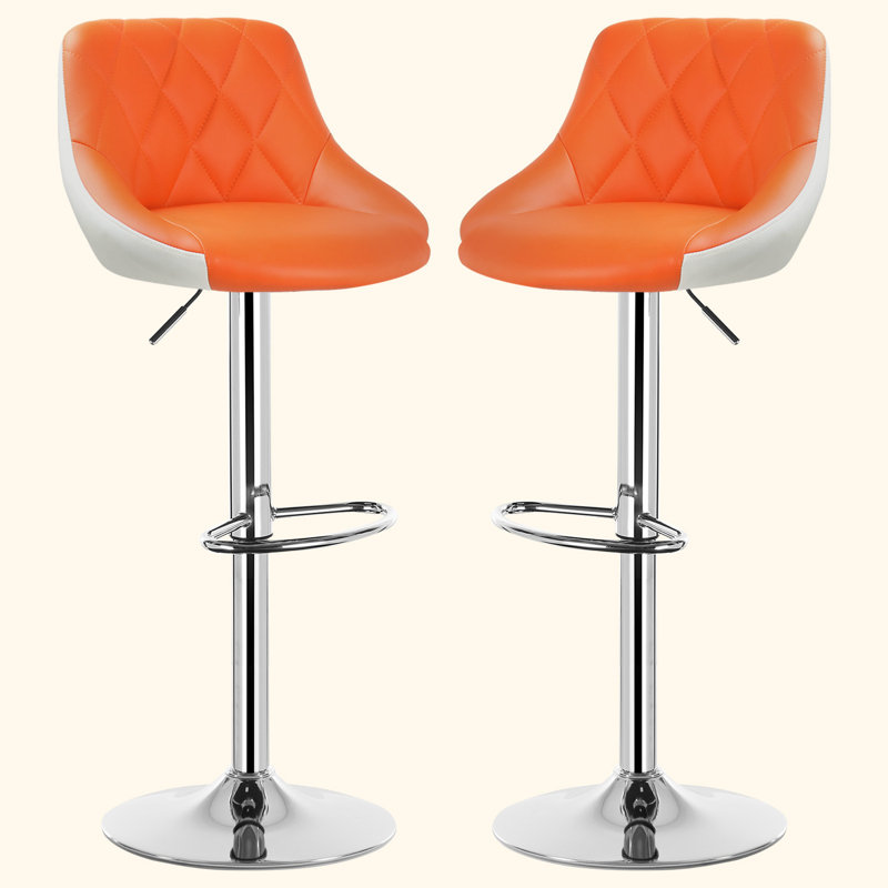 Swivel Upholstered Adjustable Height Counter Stool with Metal Frame, Orange/White