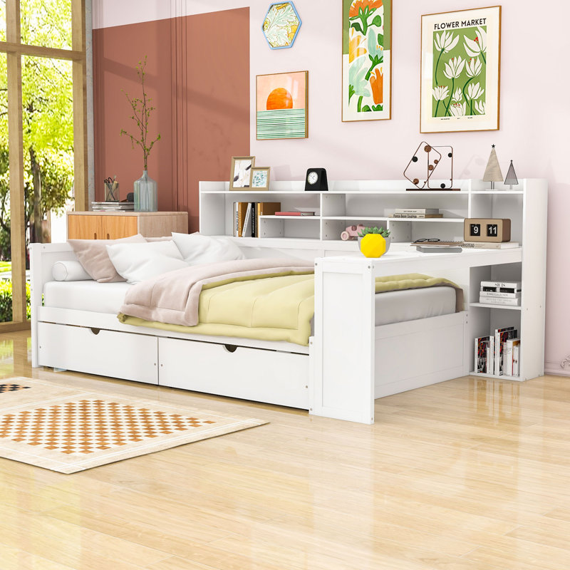 Crompton Multifunctional Wooden Daybed With Shelves, Drawers, and Study Desk, Antique White, Full / Double