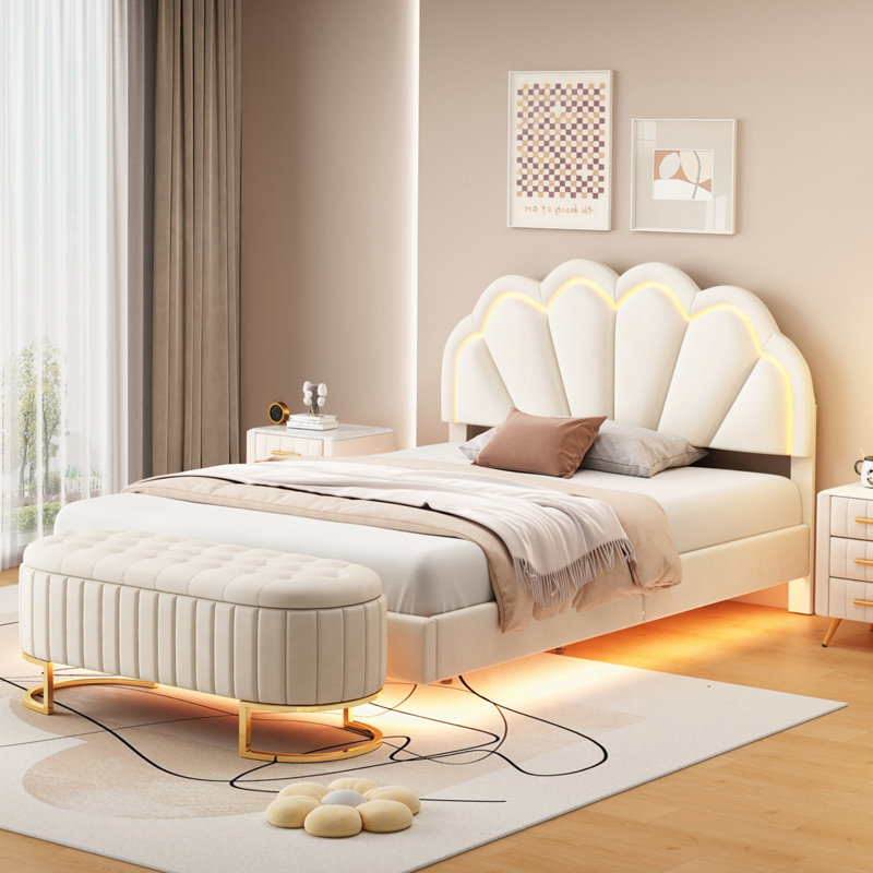 Ensemble de chambre à coucher 2 pièces, lit plateforme tapissier avec repose-pieds DEL, Beige, Double