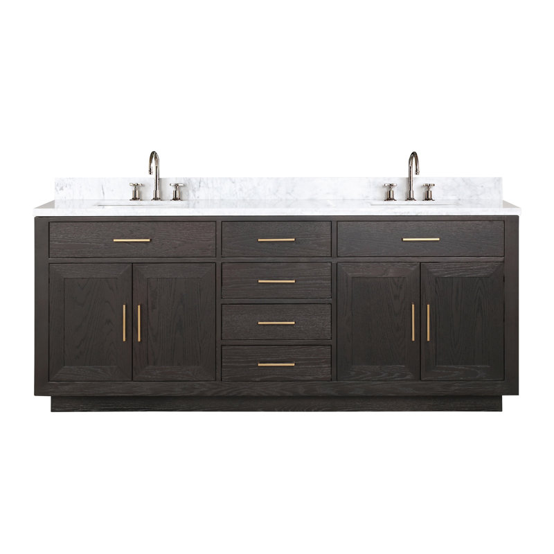Meuble-lavabo double 80 po, Chêne brun, Marbre de Carrare blanc
