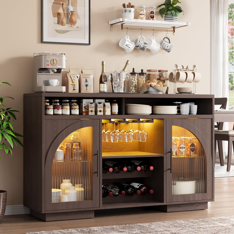 54" Bar Cabinet with LED Lights, Wine Rack and Adjustable Shelves for Dining Room, (2 Shelves) 34"H x 54"W x 15.5"D, Brown