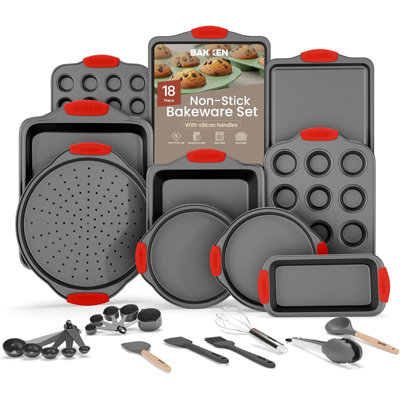 Bakken 18-piece Bakeware Set, Nonstick Carbon Steel Baking Pans With Red Silicone Handles, Oven Safe To 450°f, Pfoa Pfos Ptfe Free