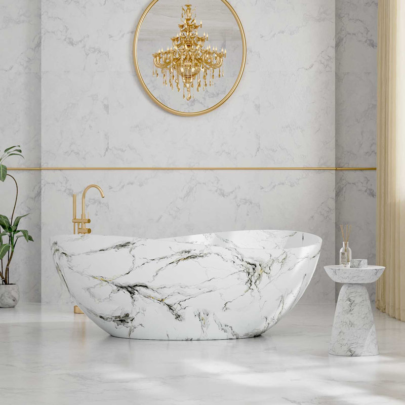 Baignoire de trempage autoportante en résine à surface solide de 63 po de forme ovale en forme d'œuf, conception courbée ondulée avec drain et trop-plein, texture de marbre luxueuse