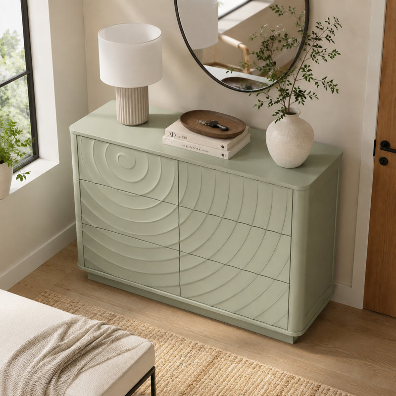 Commode 6 tiroirs Rundelle avec motif de grain en spirale 3D et conception ondulée sans poignée, Vert sauge