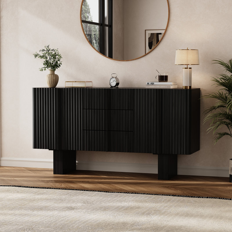Buffet 63 "en bois cannelé avec bord incurvé et 3 tiroirs, Noir