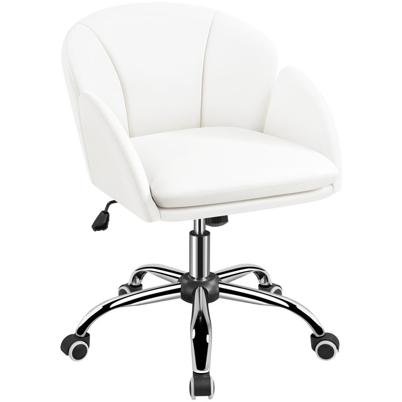 Desk Chair With Petal-shaped Backrest, White Faux Leather