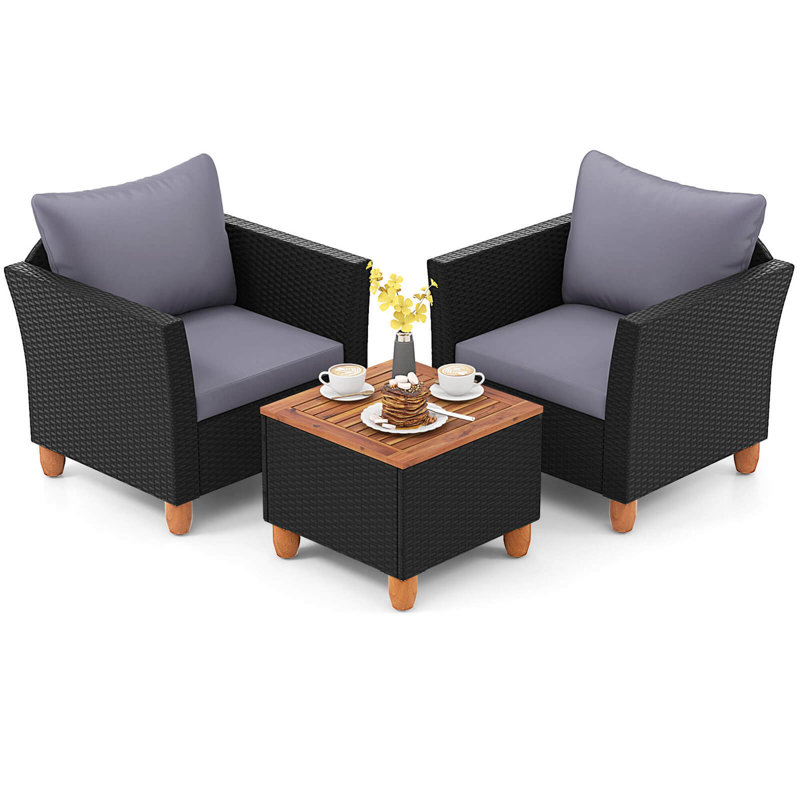 Set of 3 Rattan Bistro Furniture Set Wooden Table Top Cushioned Sofa Patio, Gray, Black