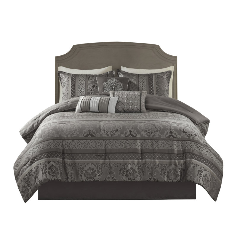 Édredon grand 7 pièces gris - Literie avec motifs de feuilles accrocheurs, Édredon grand et 6 pièces supplémentaires, Gris